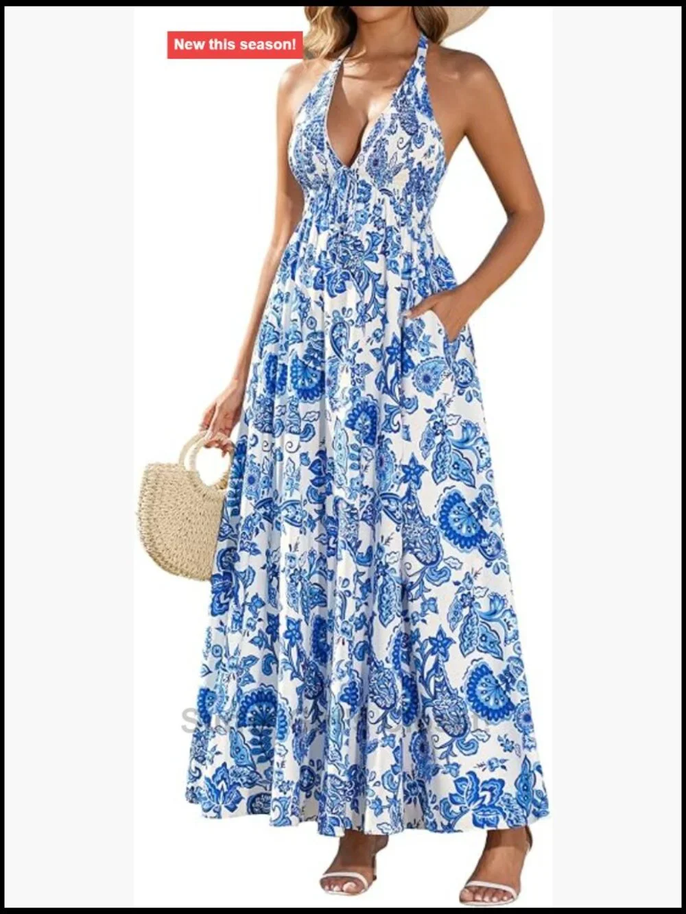 Floral Halter Tie Boho Maxi Dress with Pockets